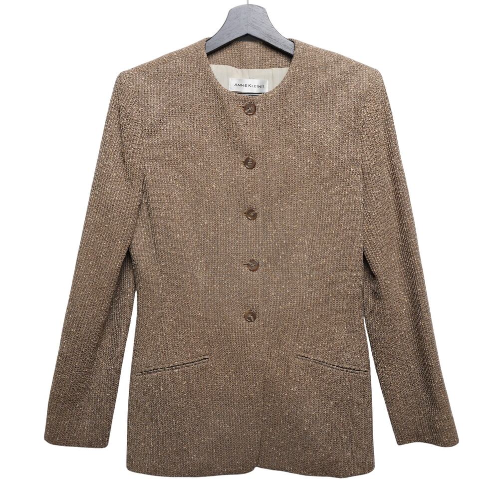 Vintage Anne Klein II Wool Blazer Brown Textured Minimalist 90s Jacket US4